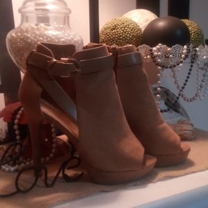 Camel peep toe booties